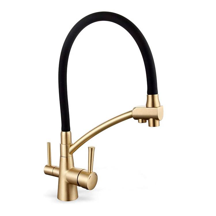 2020 new arrivals kitchen hot and cold water drinking directly water purification rubber pipe gold dual handle kitchen faucet